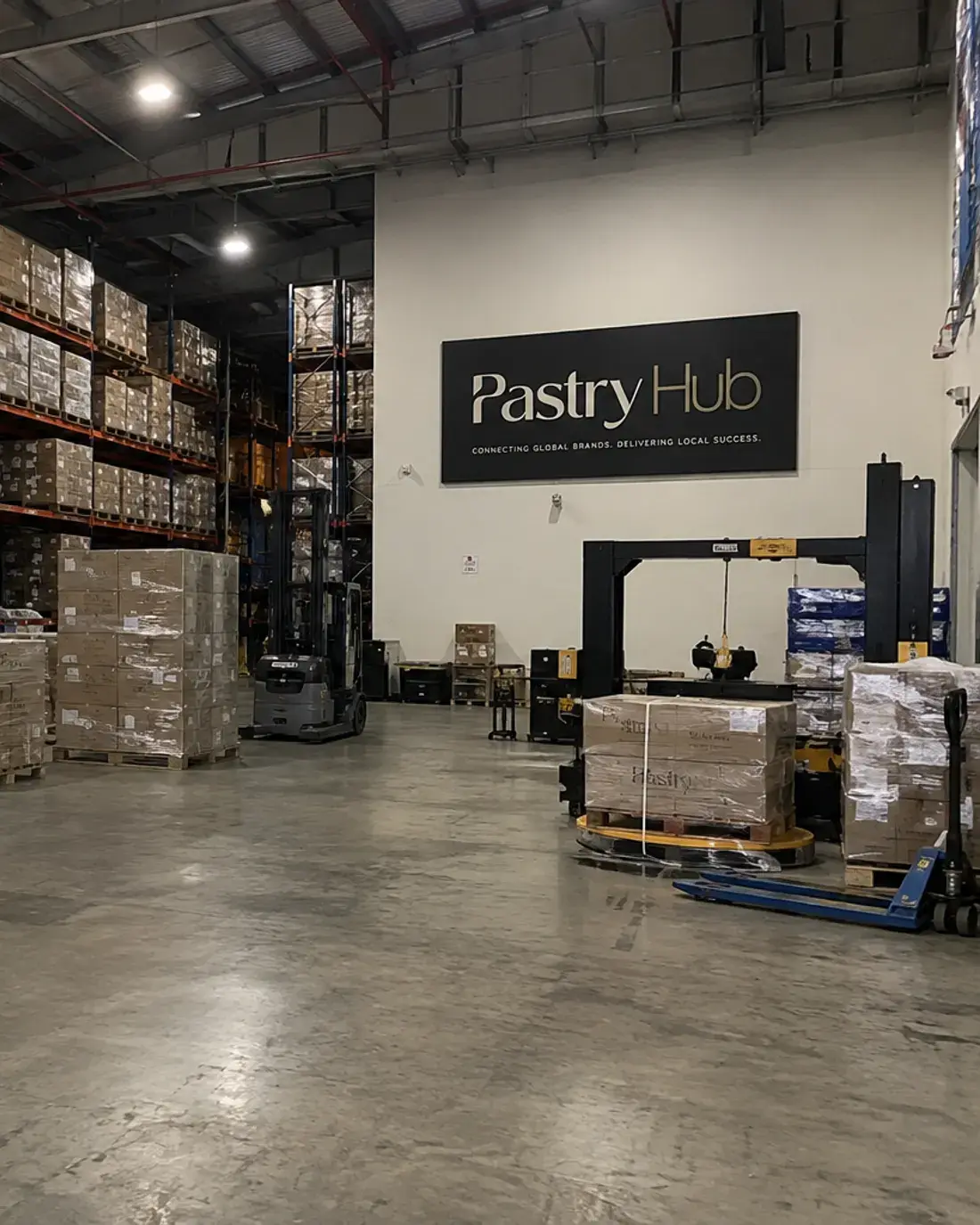 Entrepôt Pastry Hub : palettes de marchandises et préparation des commandes